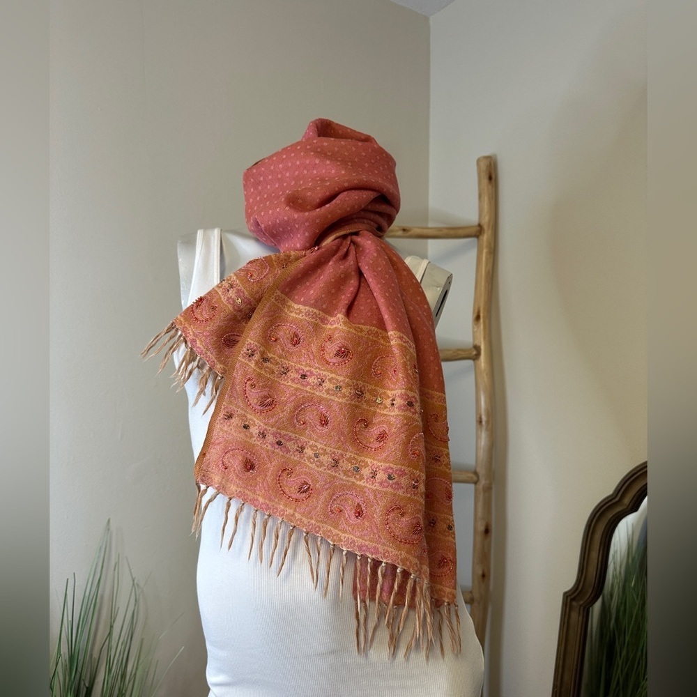 J Jill Woman's Wool Scarf Beaded With Fringe - Picture 3 of 6